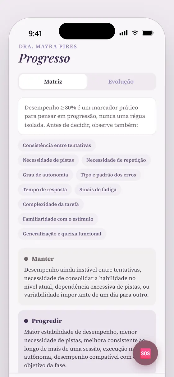 Tela de progresso do App de Orientação PAC no celular, com os critérios de manter e de progredir