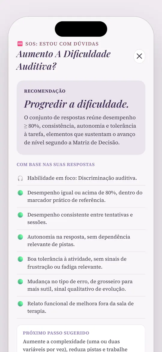 Resultado do SOS no app, com a recomendação de progredir a dificuldade