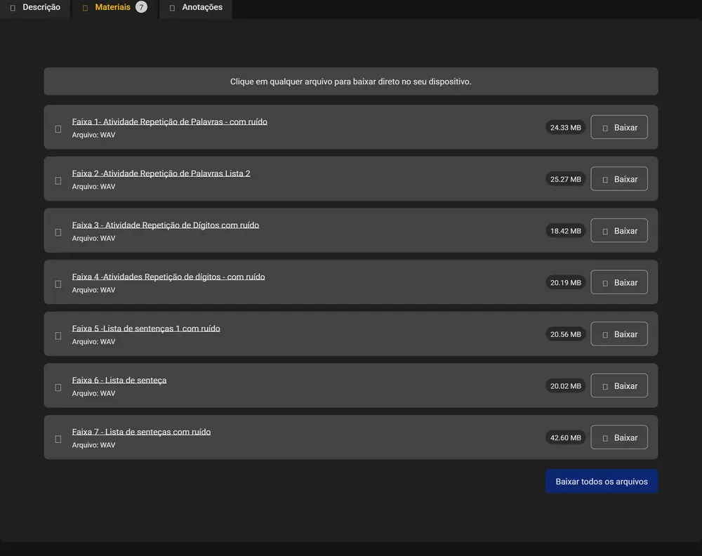 Aba de materiais da aula, com as faixas em WAV e o botão de baixar em cada linha